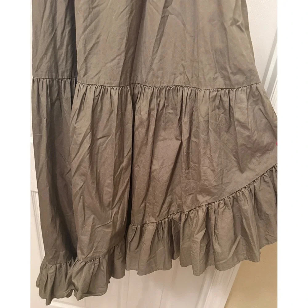 FRAME Tiered Maxi Dress Women Small Olive Green Asymmetrical Ruffle Poplin